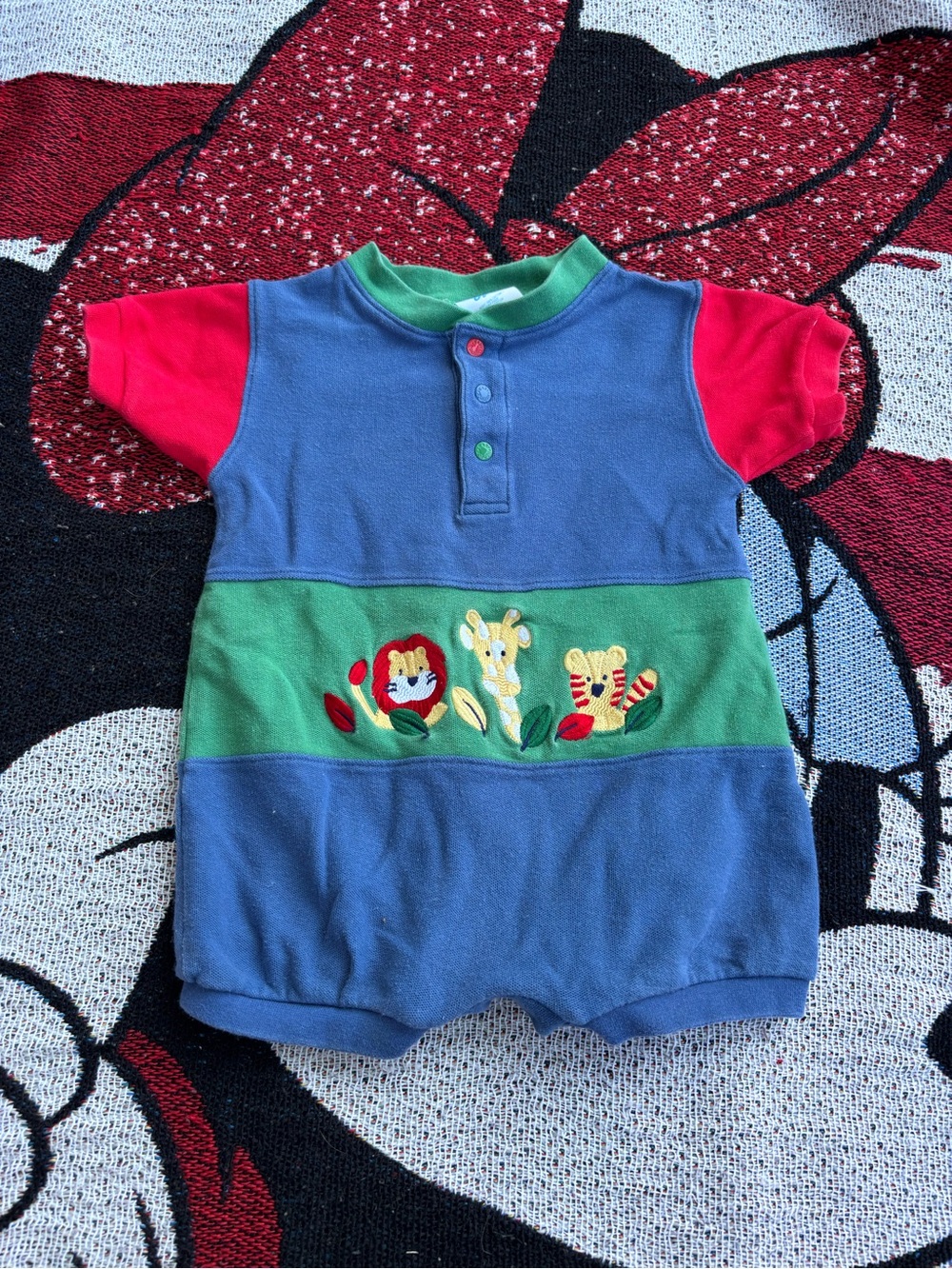 VINTAGE BABY B GOSH BLUE RED GREEN ANIMAL THEME ONE PIECE OUTFIT SIZE 18 MONTHS